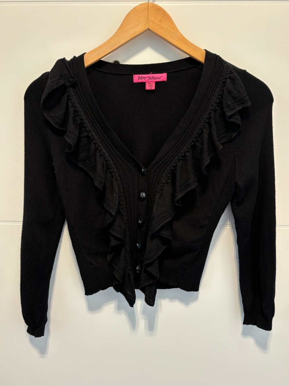 Betsey Johnson Black Ruffle-Trim V-Neck Cardigan